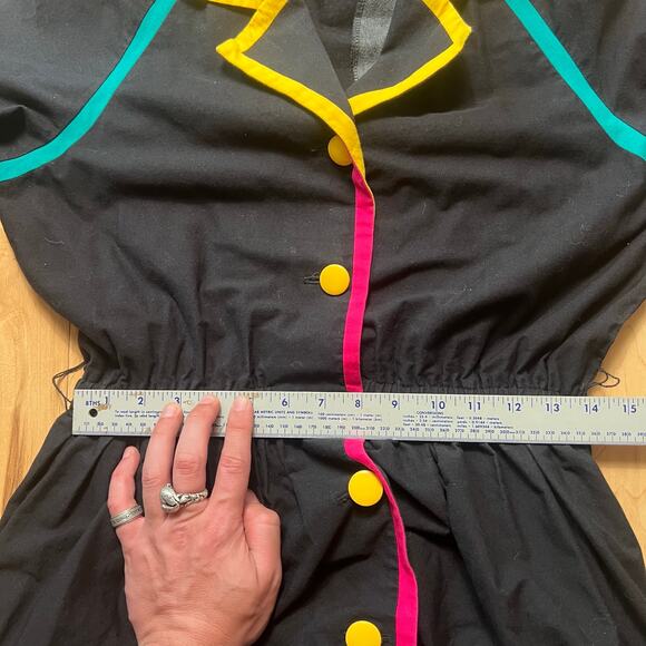 VINTAGE 80s Leslie Lucks Shirt Dress Size 10 Rainbow Trim Lapel Long Sleeve - Picture 4 of 8